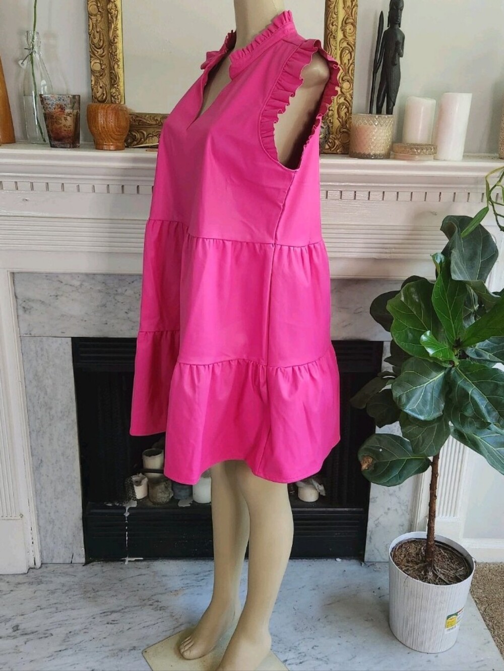 Mud Pie Pink Faux Leather Prairie Shift Dress Sz M Ruffle Tiered Barbiecore - Picture 3 of 9